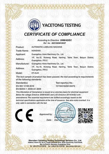 Çin Guangzhou Hone Machinery Co., Ltd. Sertifikalar