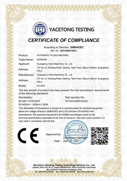 Çin Guangzhou Hone Machinery Co., Ltd. Sertifikalar