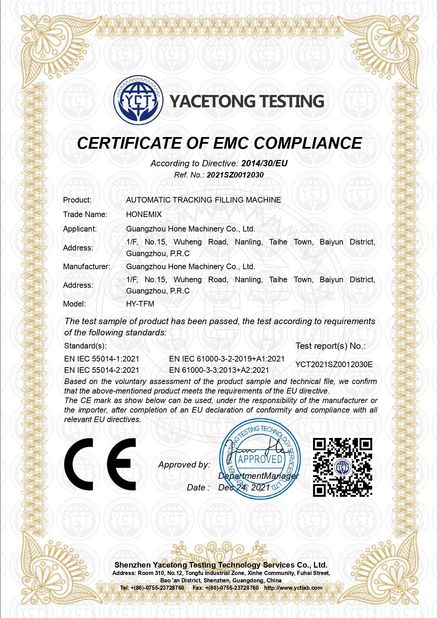 Çin Guangzhou Hone Machinery Co., Ltd. Sertifikalar