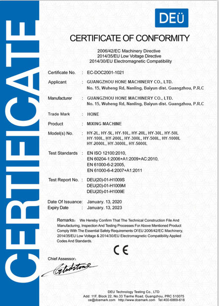 Çin Guangzhou Hone Machinery Co., Ltd. Sertifikalar